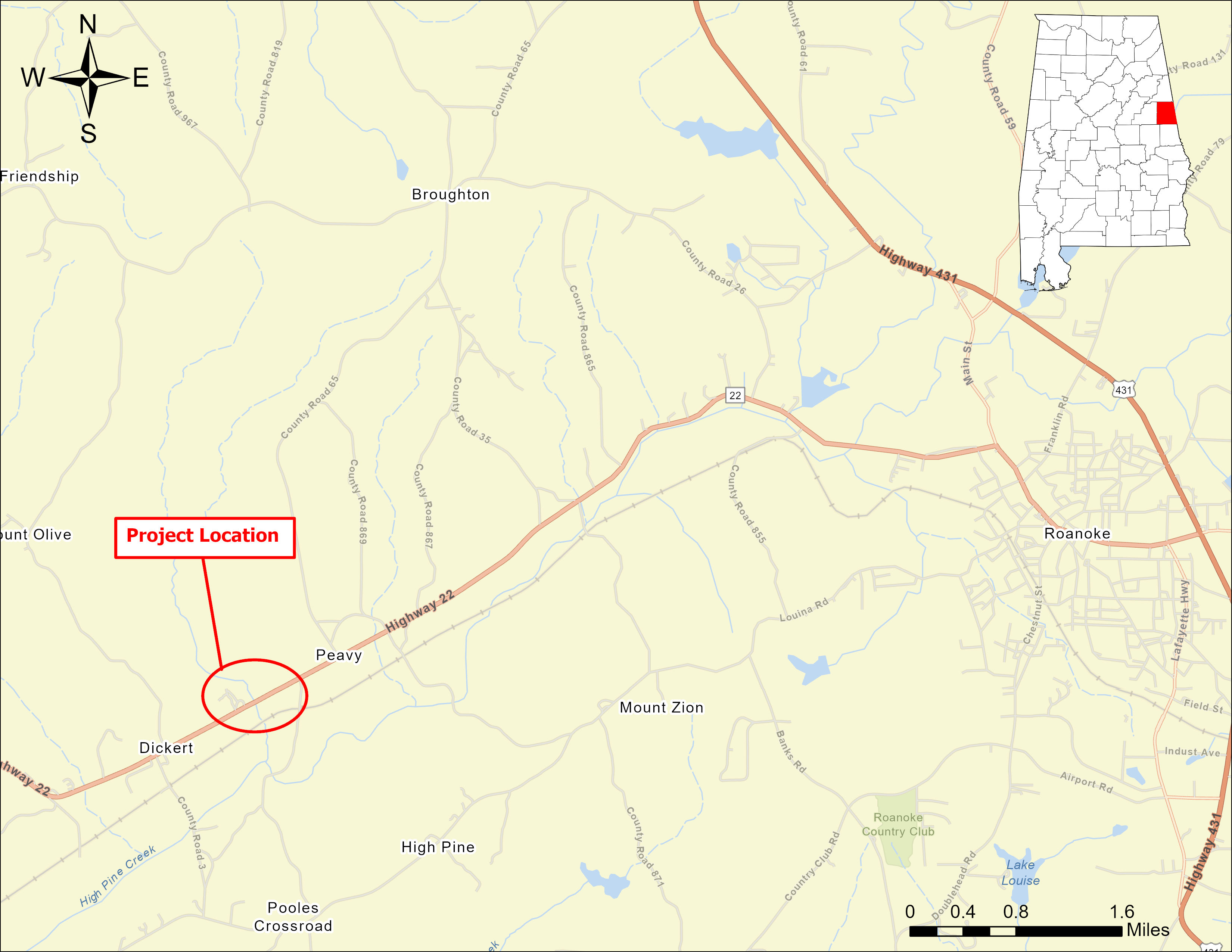 A map showing the location of the proposed bridge replacement. The project is located along AL-22 in south Randolph County.